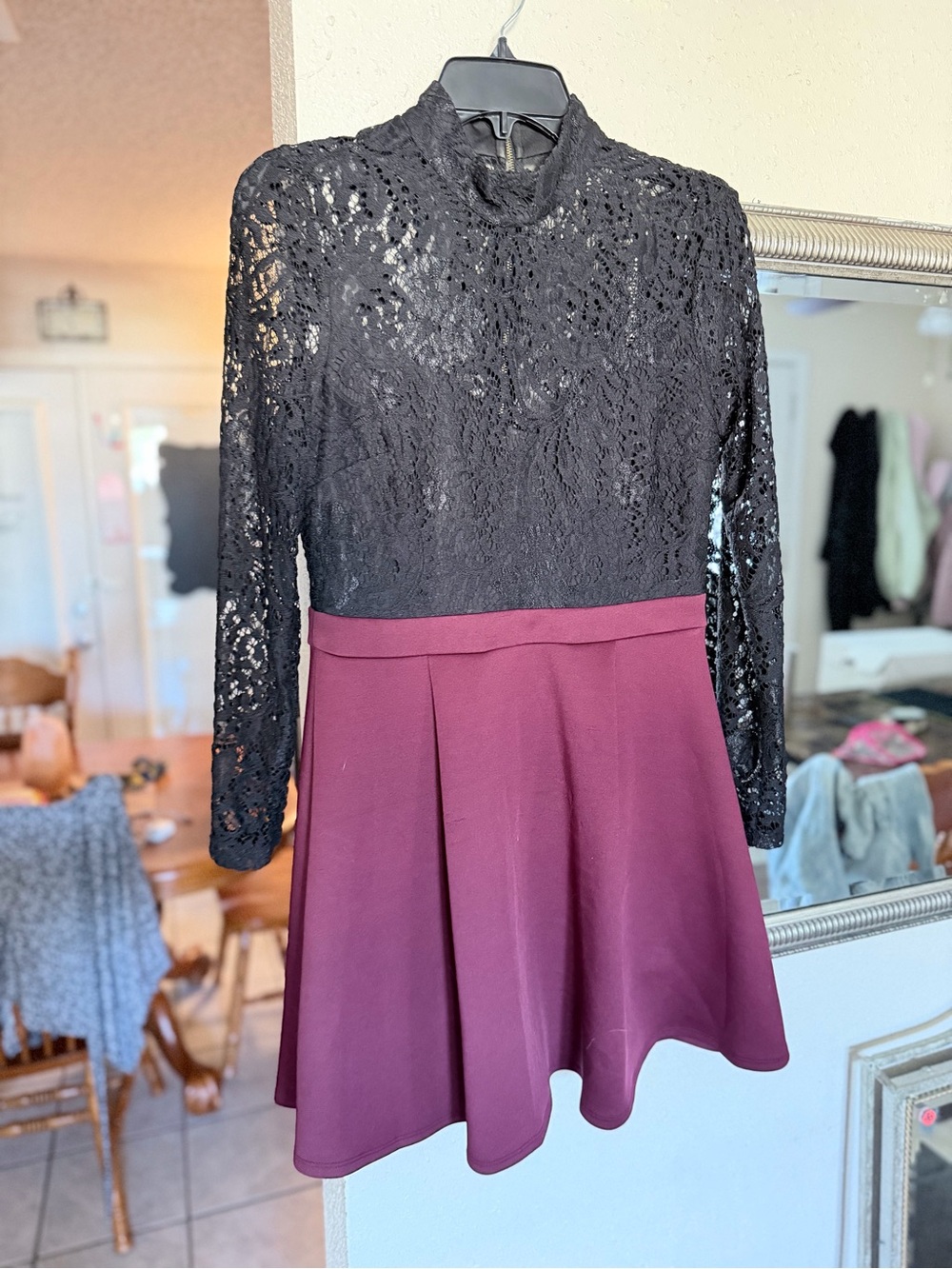 B Darlin Black Lace Top Burgundy Skater Dress